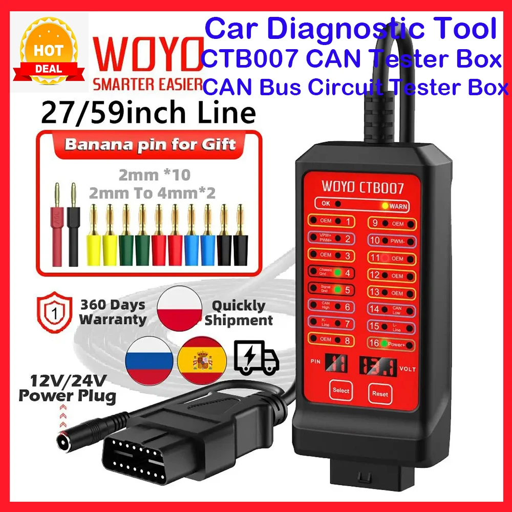 WOYO 12V 24V Car OBD Breakout Box 16 Pin OBD2 Diagnostic tool with 27.5/59inch OBD extension cable, Automotive CAN Tester Box