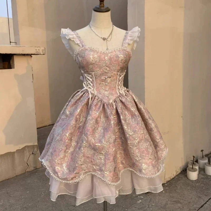 Pink Purple Flying Sleeve High Waist Jacquard Lolita Dress for Women 2023 Summer New Cute Sweet Umbrella Princess Dress Female