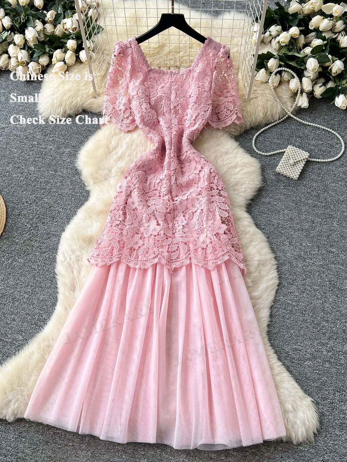 Damska Letnia Sukienka Midi z Siateczki, Koronki i Haftu, z Krótkim Rękawem, Wycięciami, na Bal, Wieczór, Imprezę, Sukienki Vestidos, Markowy Design