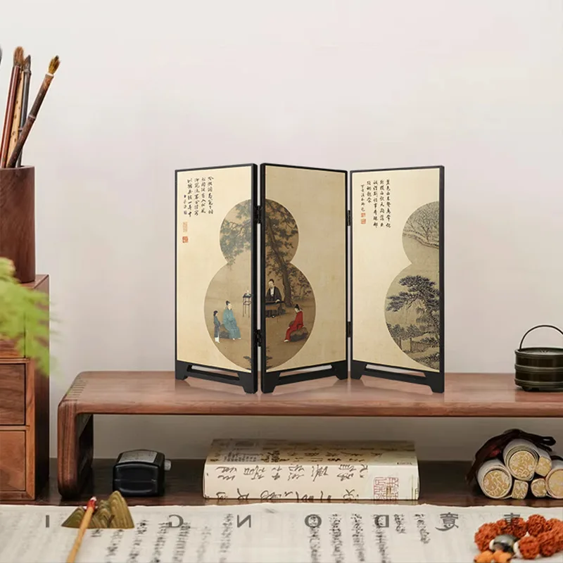 Chinese Style 3 Panel Foldable Desktop Decorative Painting Chest Of Drawers Tv Cabinet Sideboard Table Setting Retro Screen
