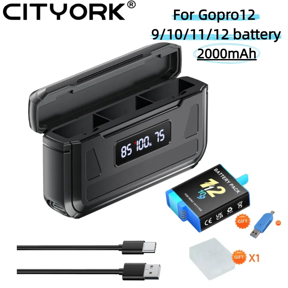CITYORK 2000mAh Battery For GoPro Hero 9 GoPro Hero 10 GoPro Hero 11 GoPro 12 Sport Camera Battery With LCD 3-Slots Charger Box