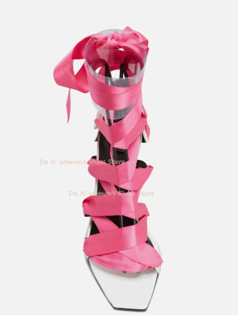 Square-Toed Stiletto Heels White Sandals Pink Satin Ankle Strap Wrap-Around Straps Bow