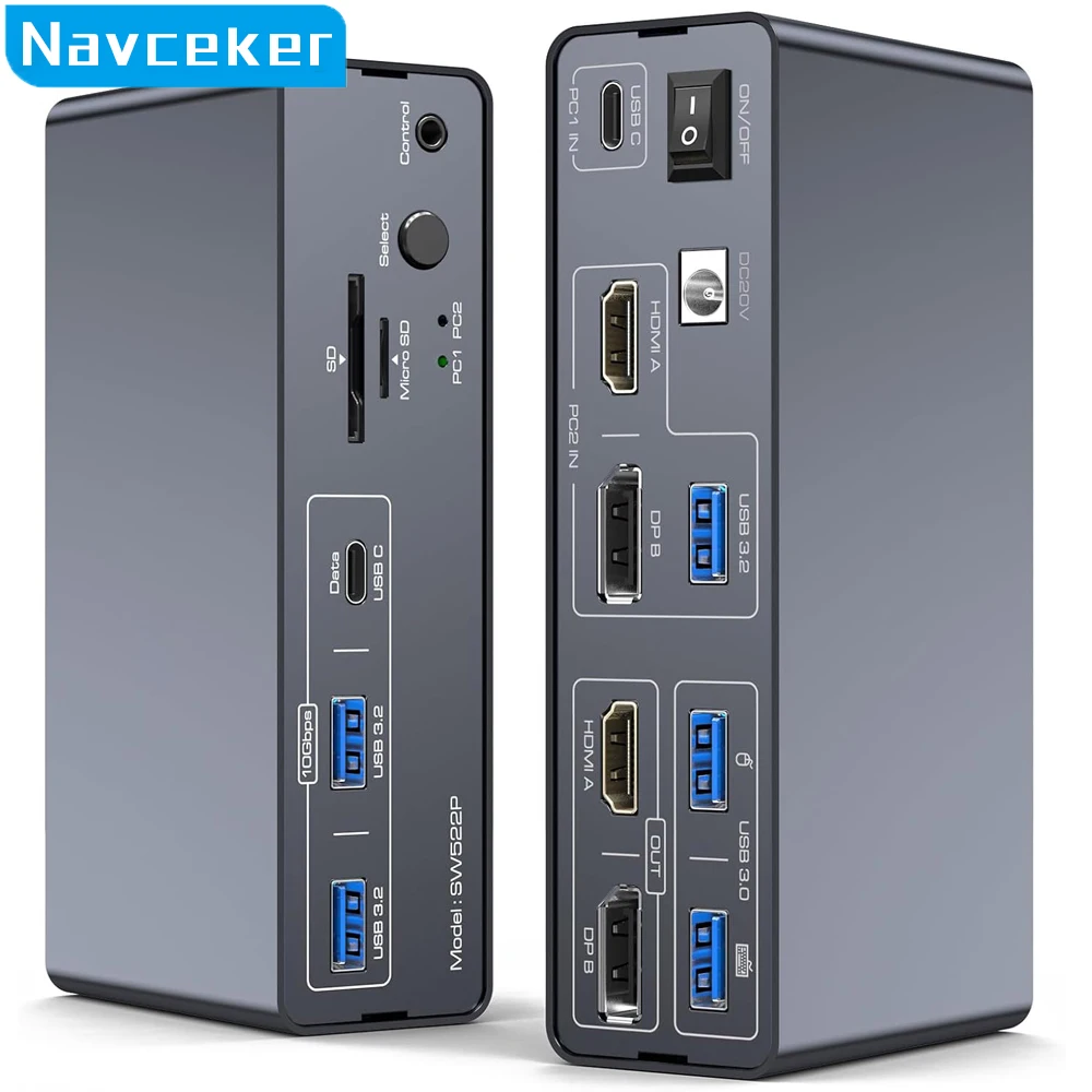 KVM-Switch für 2 Monitore und 2 PCs, USB-C Dockingstation mit HDMI 4K@60Hz & DP 4K@120Hz, USB 3.2 Gen 2, Unterstützt bis zu 100W PD-Ladung