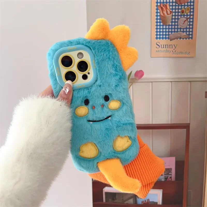 3D Cartoon Monster Lens Bracket Fluffy Plush Phone Case For iPhone 17 Air 16 15 14 13 12 11 Pro Max Shockproof Protective Cover