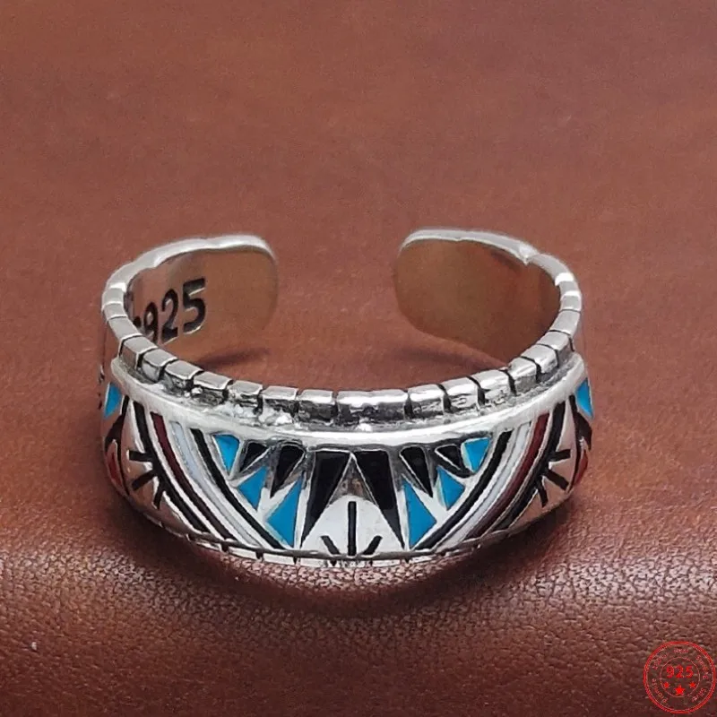 

S925 Sterling Silver Rings for Women 2023 New Women's Fashion Geometry Ancient Totem Crystal Glue Pure Argentum Punk Jewelry