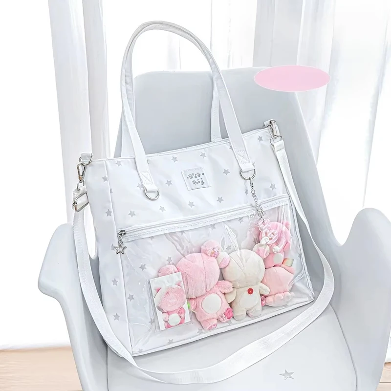 Kawaii Star Polka Dot Ita Bag Tote Bag Music Note Pattern Transparent Window Shoulder Crossbody Bag Large‑Capacity Handbag