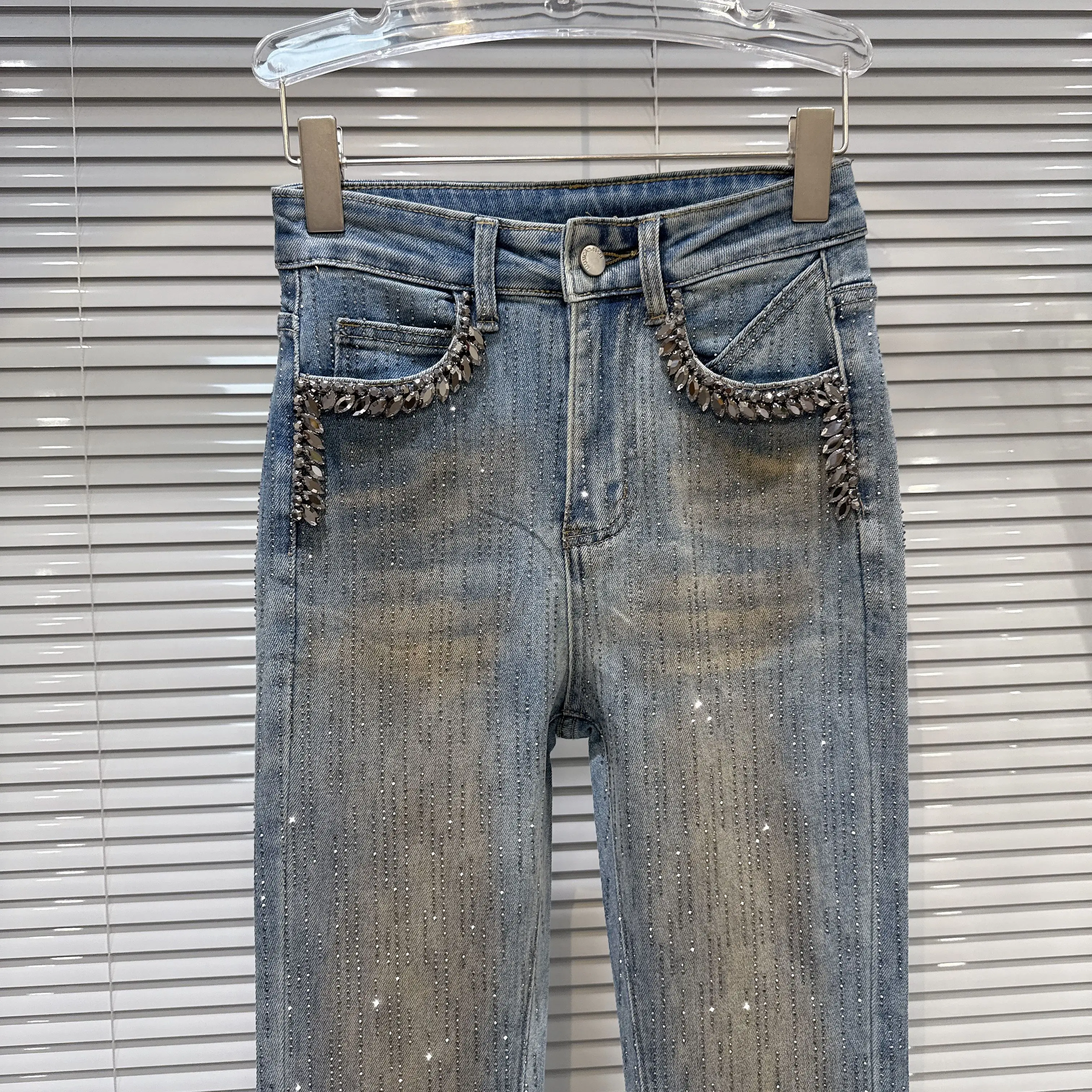 アメリカンスタイルファッション レトロ ヘビーインダストリー ダイヤモンド ハイウエストジーンズ スリムフィット 多用途 ブルー フレアデニム ロングパンツ レディース