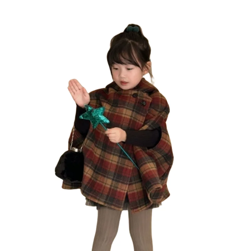 Girls Woolen Coat Jacket Cotton Cloak Windbreak 2023 Stylish Warm Plus Thicken Velvet Winter Autumn Party Children\'s Clothing