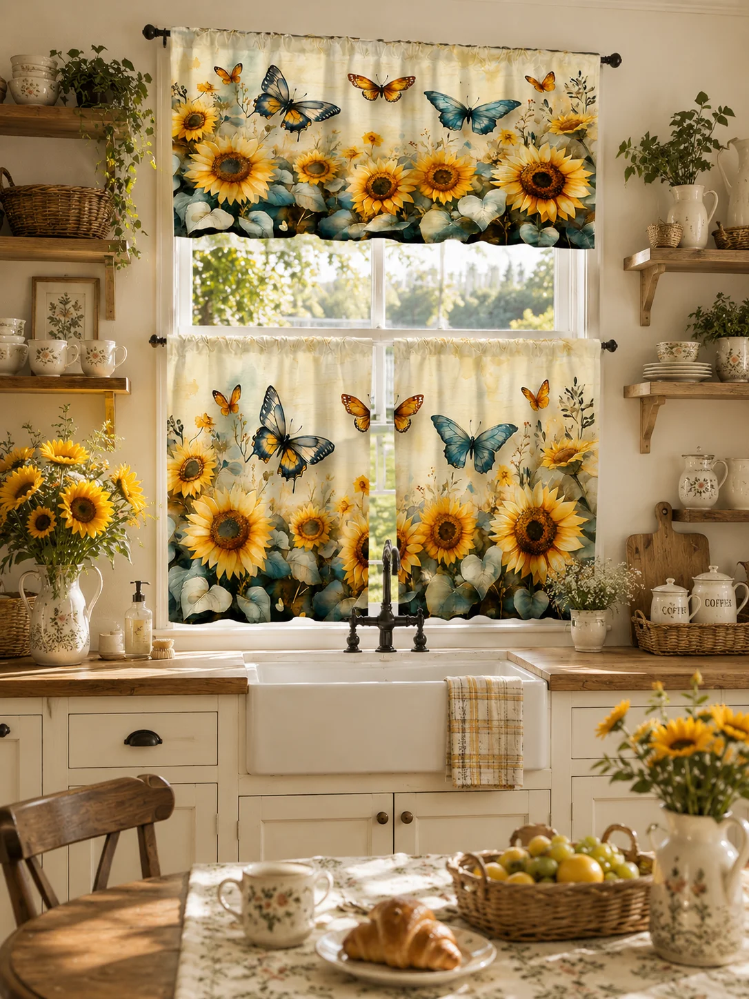 2D flat. Ocean Coral Shell Theme Curtain Set for Summer Beach Kitchen Decoration Kitchen Curtains