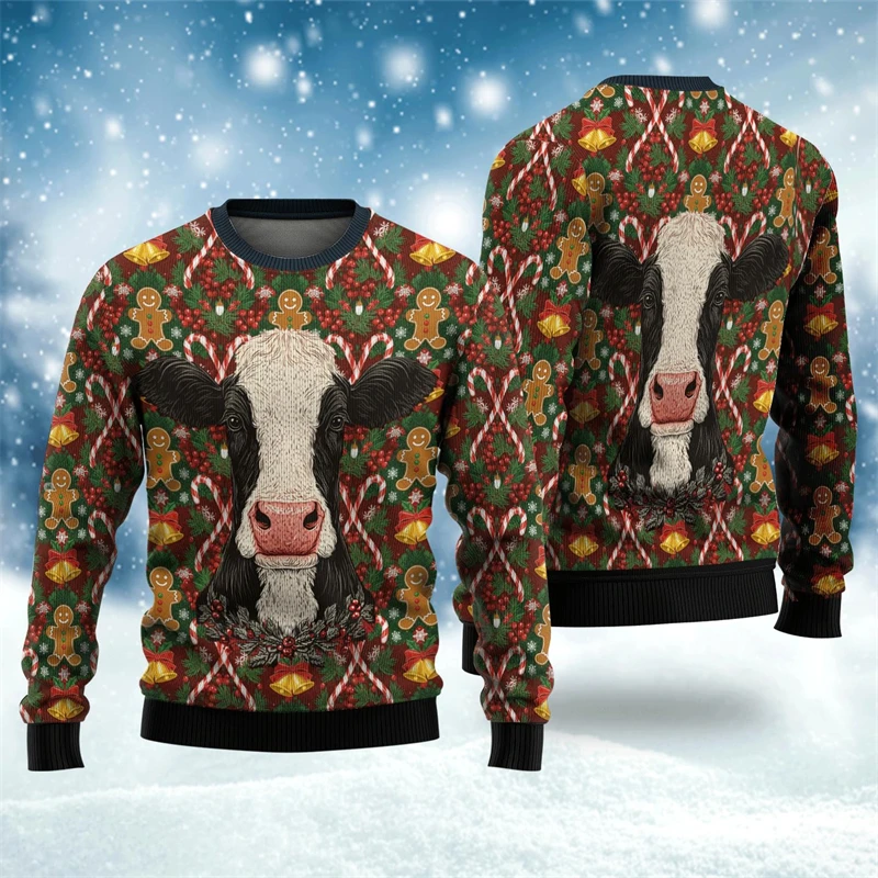 2026 جديد مضحك البقرة رئيس الجرافيك القبيح عيد الميلاد سترة موضة طاقم الرقبة ثلاثية الأبعاد مطبوعة عيد الميلاد البلوز فضفاض عطلة ارتداء البلوفرات #1