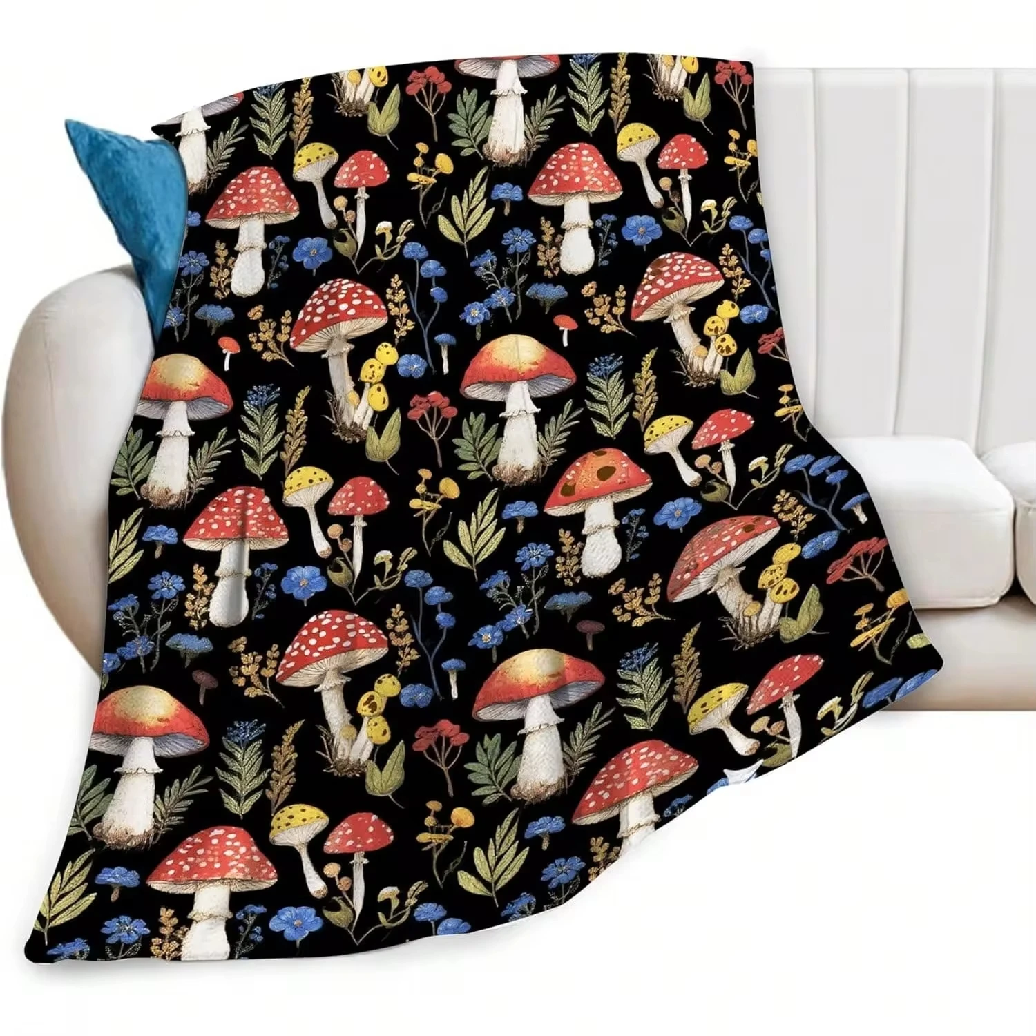 Mushroom Blanket Red Mushrooms Botanical Fern Wildflowers Throw Blanket Gothic Nature Cottagecore Sofa Couch Bedding Bed Blanket