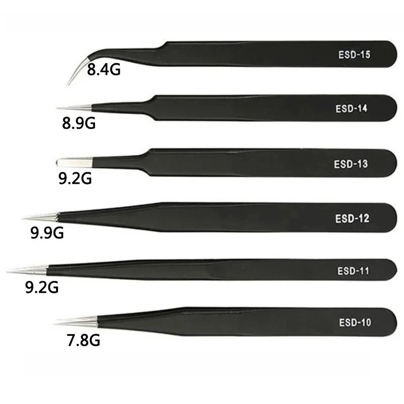 6PCS Anti-Static Stainless Steel Tweezers Set for Electronics Phone Repairing Tool Eyebrow/Eyelash Tweezers