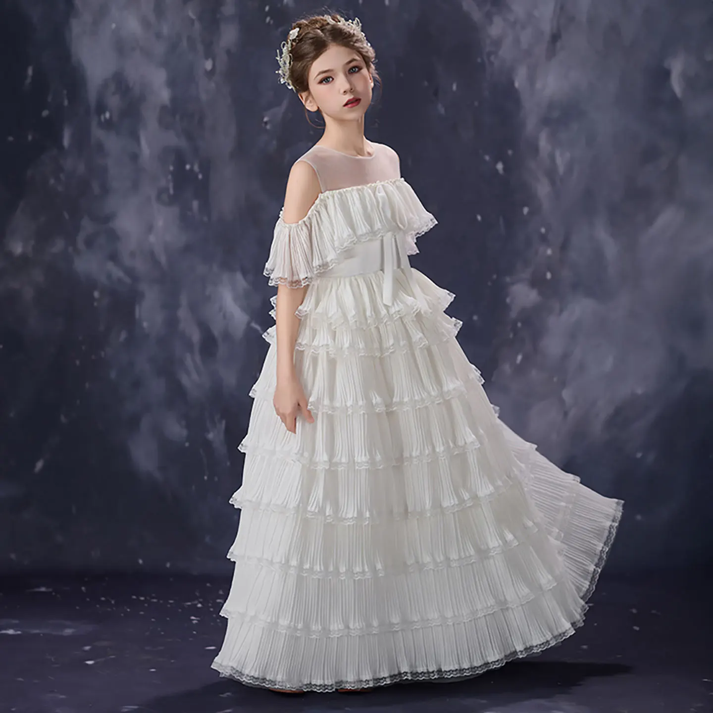 Jill Wish D352 White Princess Layered Ruffle Flower Girl Dress for Wedding Party Elegant Off Shoulder Tulle Maxi Gown