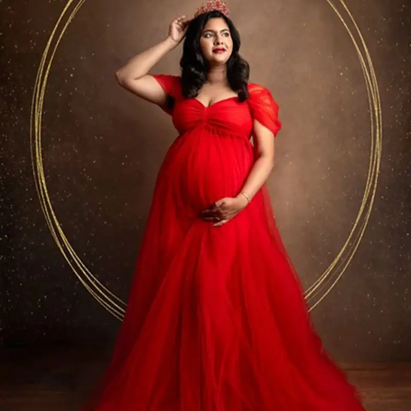 Goddess Maternity Dress for Photoshoot or Babyshower Sweetheart Red Tulle Prom Gown for Pregnant Women Robe Maternite Grossesse