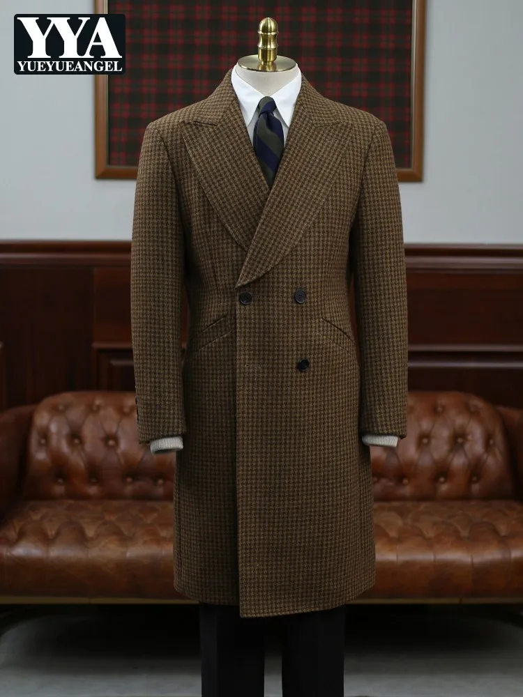 Italian Designer Vintage Plaid Wool Coat Slim Fit Business Men Work Woolen Blends Long Jacket Lapel Collar Windbreaker Overcoat