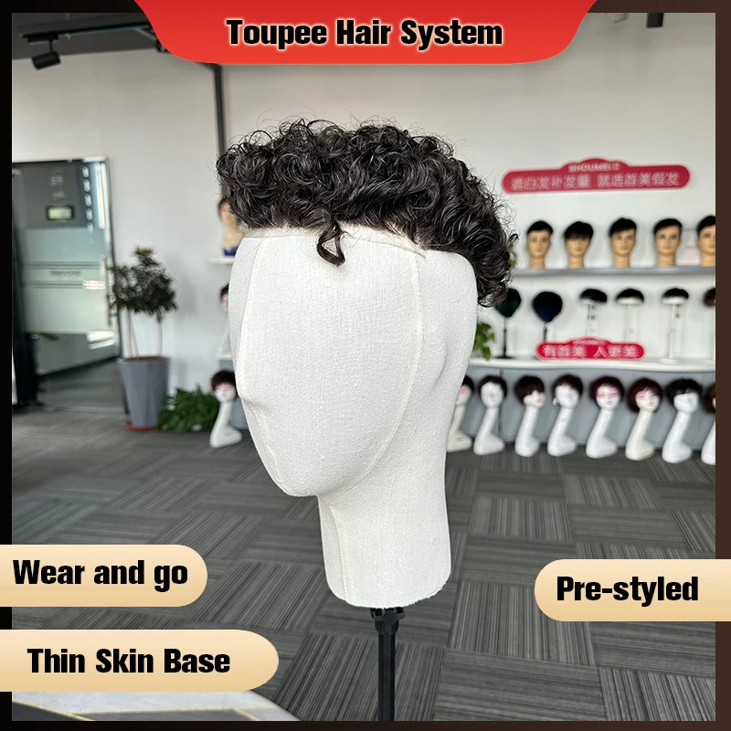 Natural Curly Pre Styled Men Toupee Thin Skin V Loop PU Base Human Hairpieces Hair Replacement System Protesis Hombre Male Wig