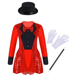 4-14Y Girls Halloween Carnival Magician Circus Cosplay Performance Costume Shiny Sequin Leotard Dress with Hat Magic Wand Gloves