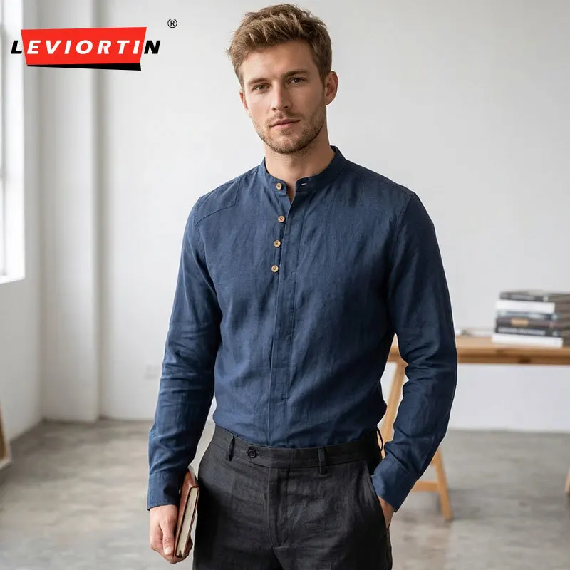 Men's Mandarin Collar Cotton Linen Shirt, Retro Vintage Single Breasted Hidden Button Long Sleeve Breathable Casual Shirts