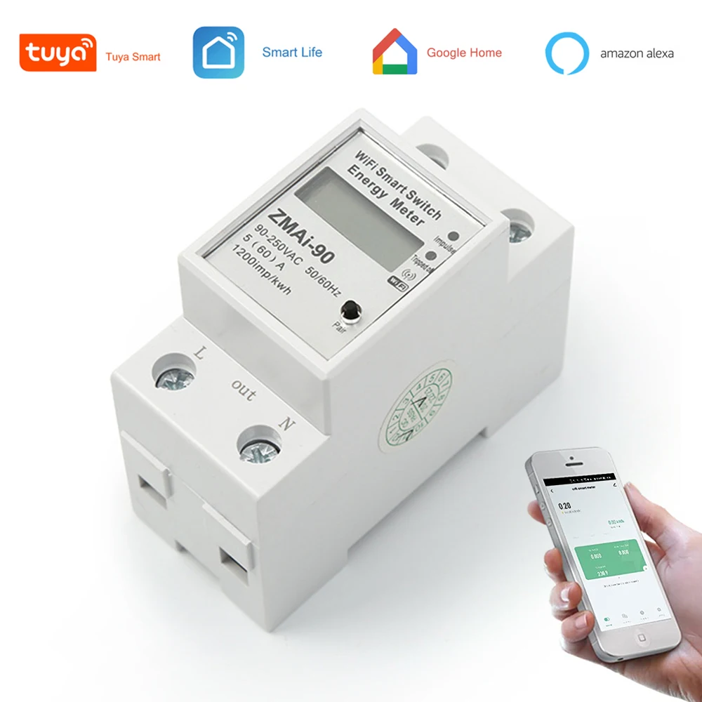 

Single Phase Din Rail WiFi Intelligent Energy Meter Power Consumption kwh Meter Smart Life/Tuya App Works With Alexa Google Home