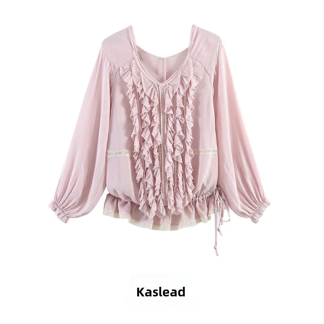 KASLEAD Nova Camisa Feminina de Renda em Camadas Simples e Elegante Estilo Urbano Solto Manga Longa Poliéster Respirável