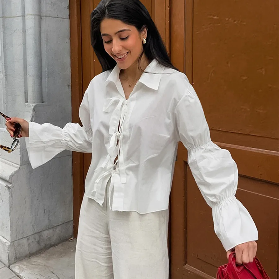 

Chiffon Lace-Up Hollow Out Shirts Women's Lapel Patchwork Bandage Long Sleeve Fashion Blouse Top Female White Outwear