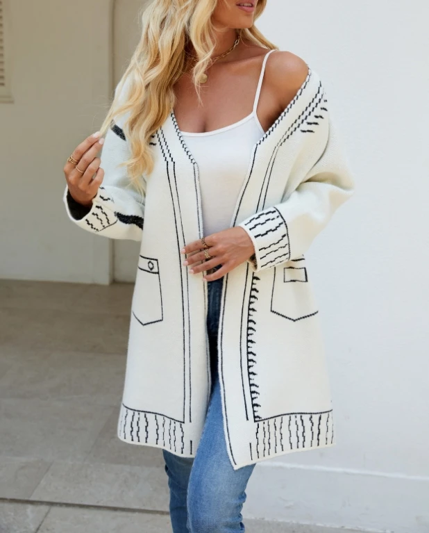 

Vintage Women's Cardigan Sweater Jacket Temperament Commuting Striped Jacquard Casual Versatile Lazy Loose Fit Knitted Cardigan