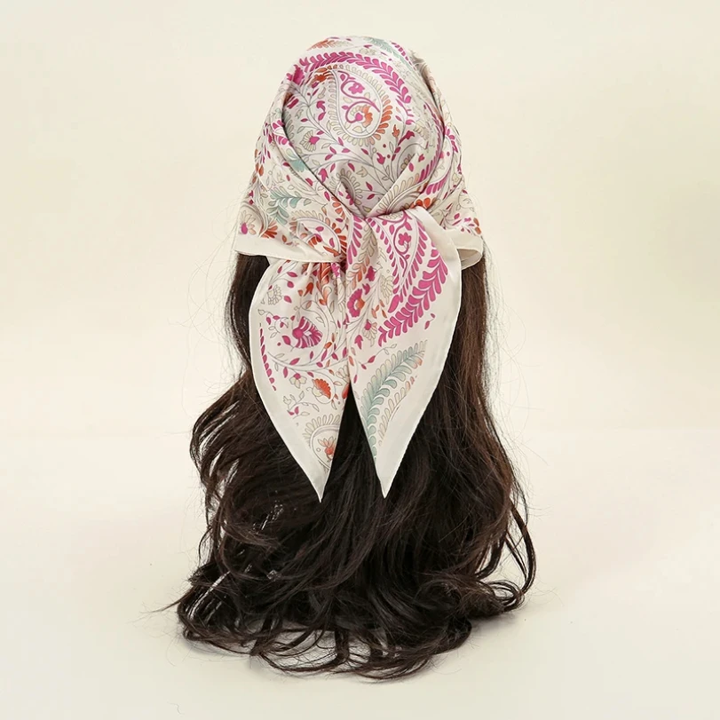 

Pink Flower Print 70 Square Scarf Headband Polyester Muslim Hijab Shawls Woman Elegant Decorative Scarves Islamic Bandana Turban
