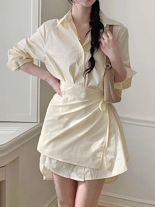 

Spring Long Sve irt Dr Women's Design Sense Waist Cinching Fake Two-Piece Slimming Ele Sle Commute Pure Color