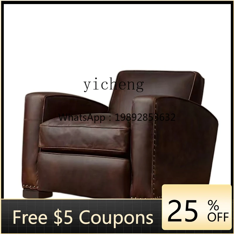 

XL Genuine Leather Armchair Reception Solid Wood Full Leather Leisure Chair Classical High-Grade Wingback Chair