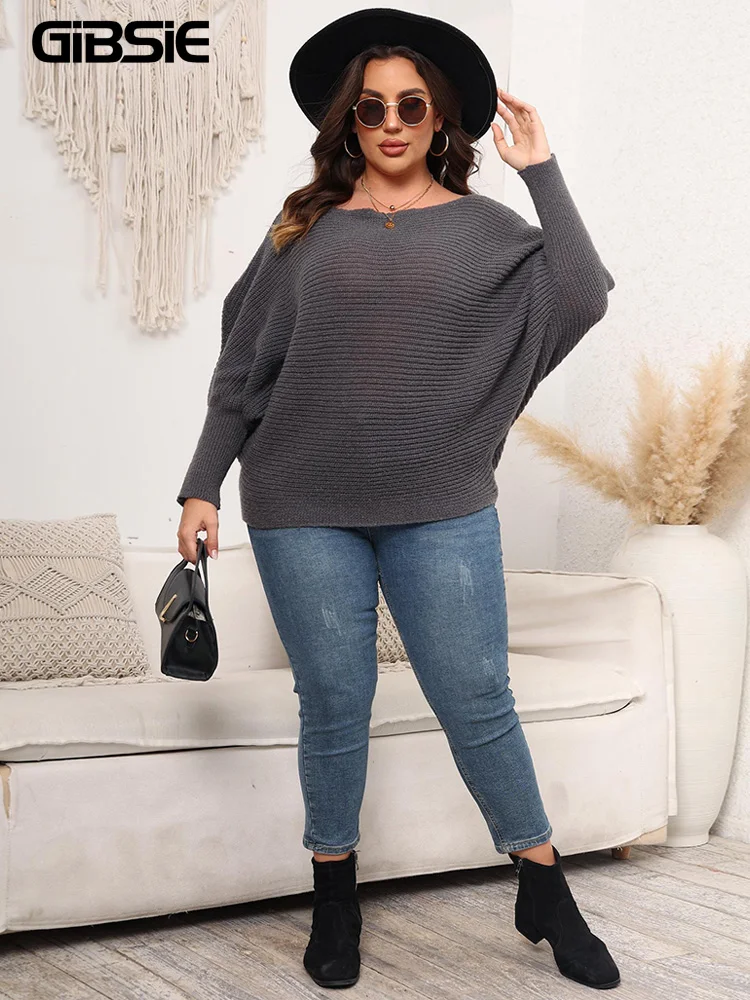 GIBSIE Plus Size bez ramion dzianinowy sweter damski 2023 jesienny Batwing z długim rękawem luźny pulower na co dzień sweter dla kobiet