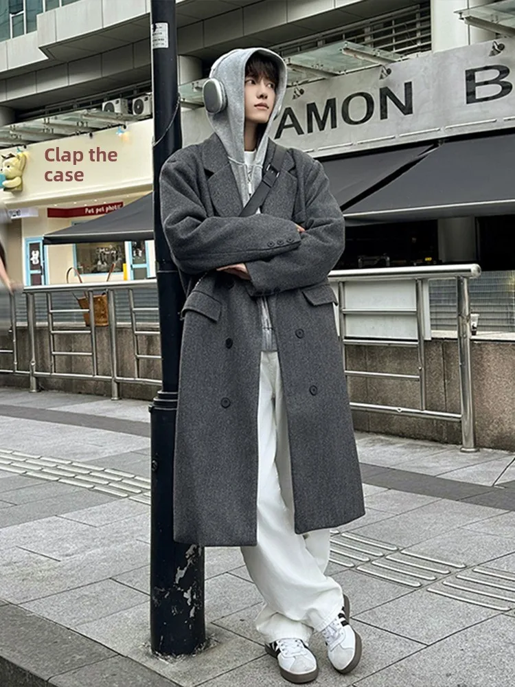 

Cleanfit Deep ey Men's Woolen Coat Long Over-Knee Loose Windbreaker Spring Autumn Faionable Brand Youthful Sle Single B...