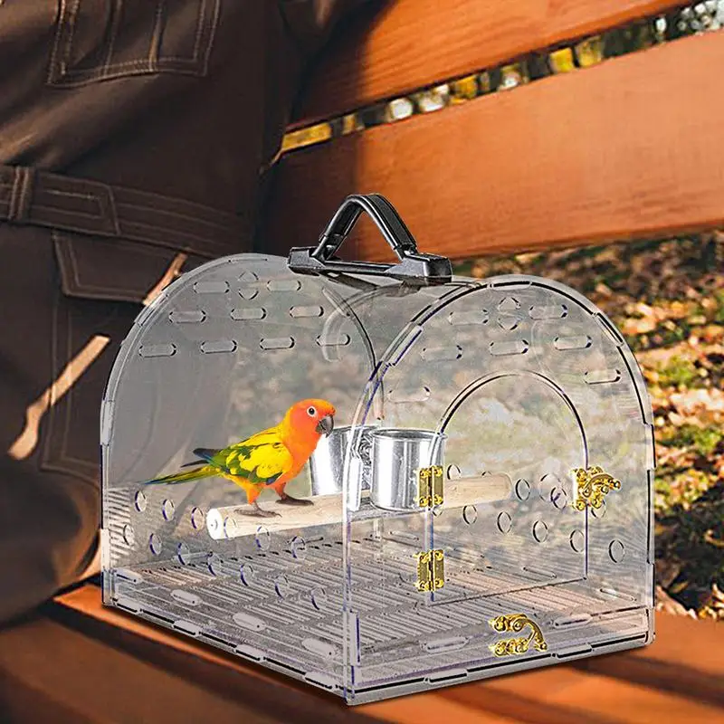 Bird Carrier Travel Cage Acrylic PVC Handle Bird Carrier With Double Feeding Cups Portable Outdoor Cage For Peony Muglets