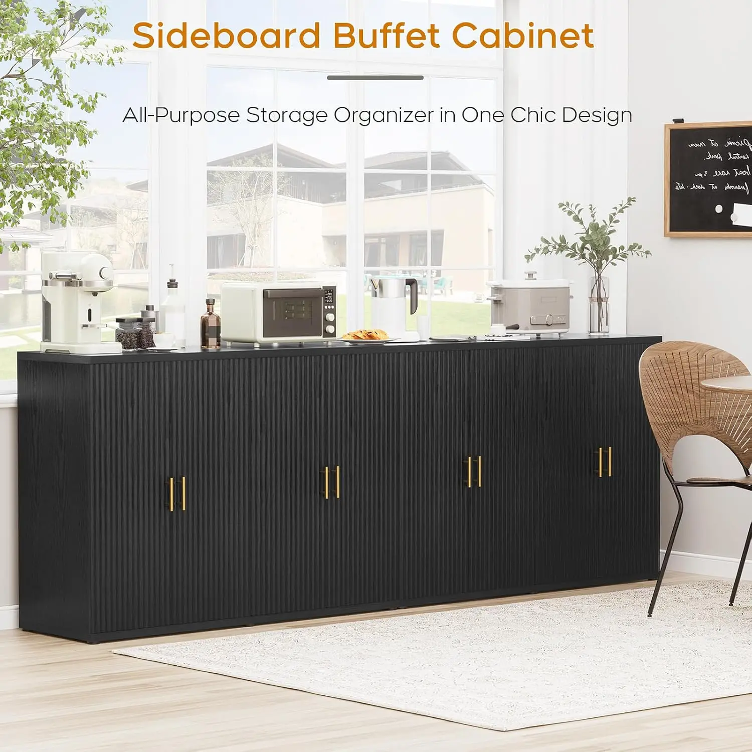 94.6" Black Fluted Sideboard Buffet Cabinet with Storage and 8 Doors, Mordern Credenza Storage Cabinet with Adjustable Shelves, image 6