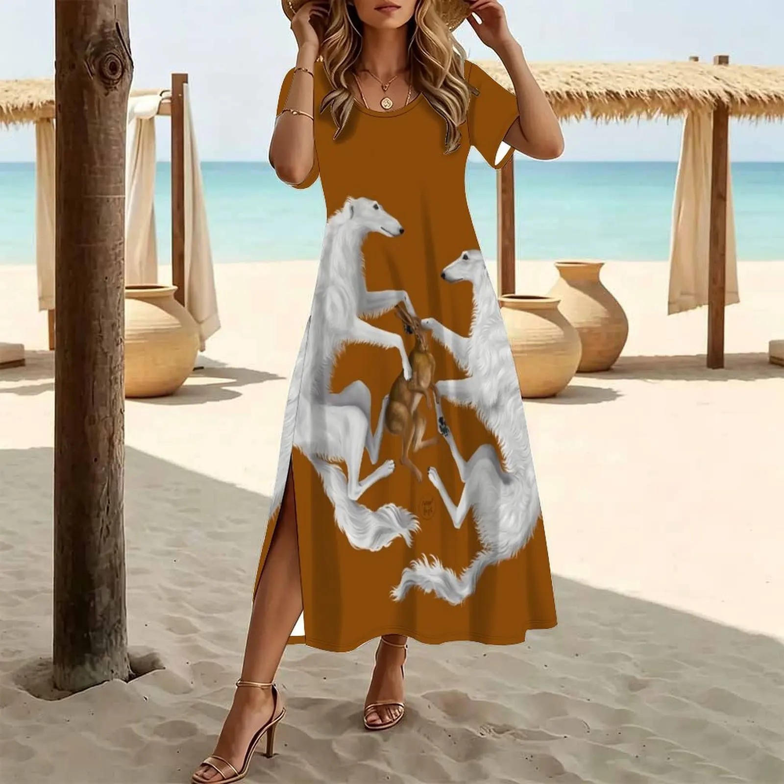 Borzoi and Jackrabbit Women's Round Neck Short Sleeve Split Long Dress