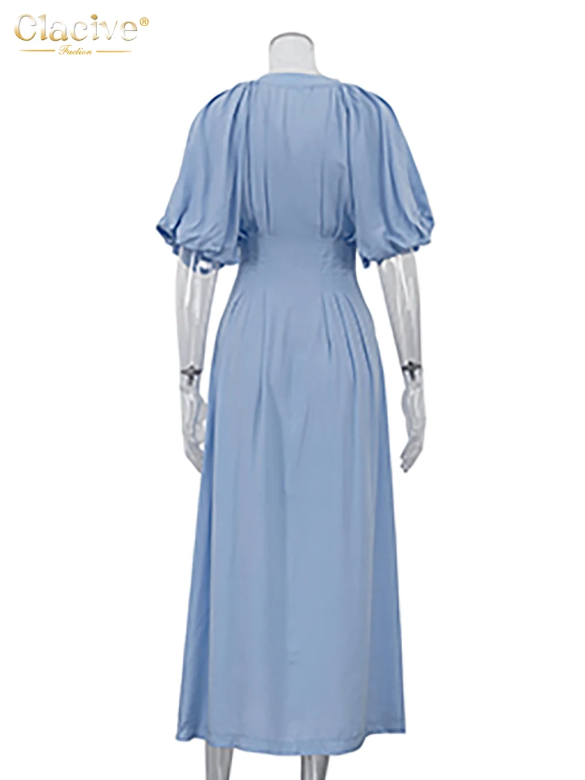 Clacive Summer Loose Blue Women's Dress 2025 Fashion V-Neck Puff Sleeve Midi Dresses Elegant Classic Slit Solid Female Dress