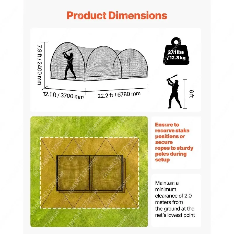 22.2 X 12.1 X 7.9 FT Freestanding Portable Batting Cage 4-Ply Knotless Polyester Training Equipment Baseball Hitting Cages