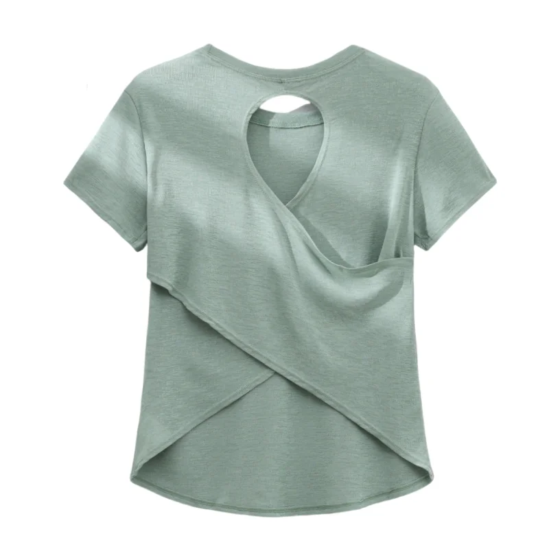DRUR Gym Tops Women Lightweight Sweatshirt Summer Short Sleeve Quick Dry Fitness Running Tshirt Back Cross Hollow Yoga Wear New image 2