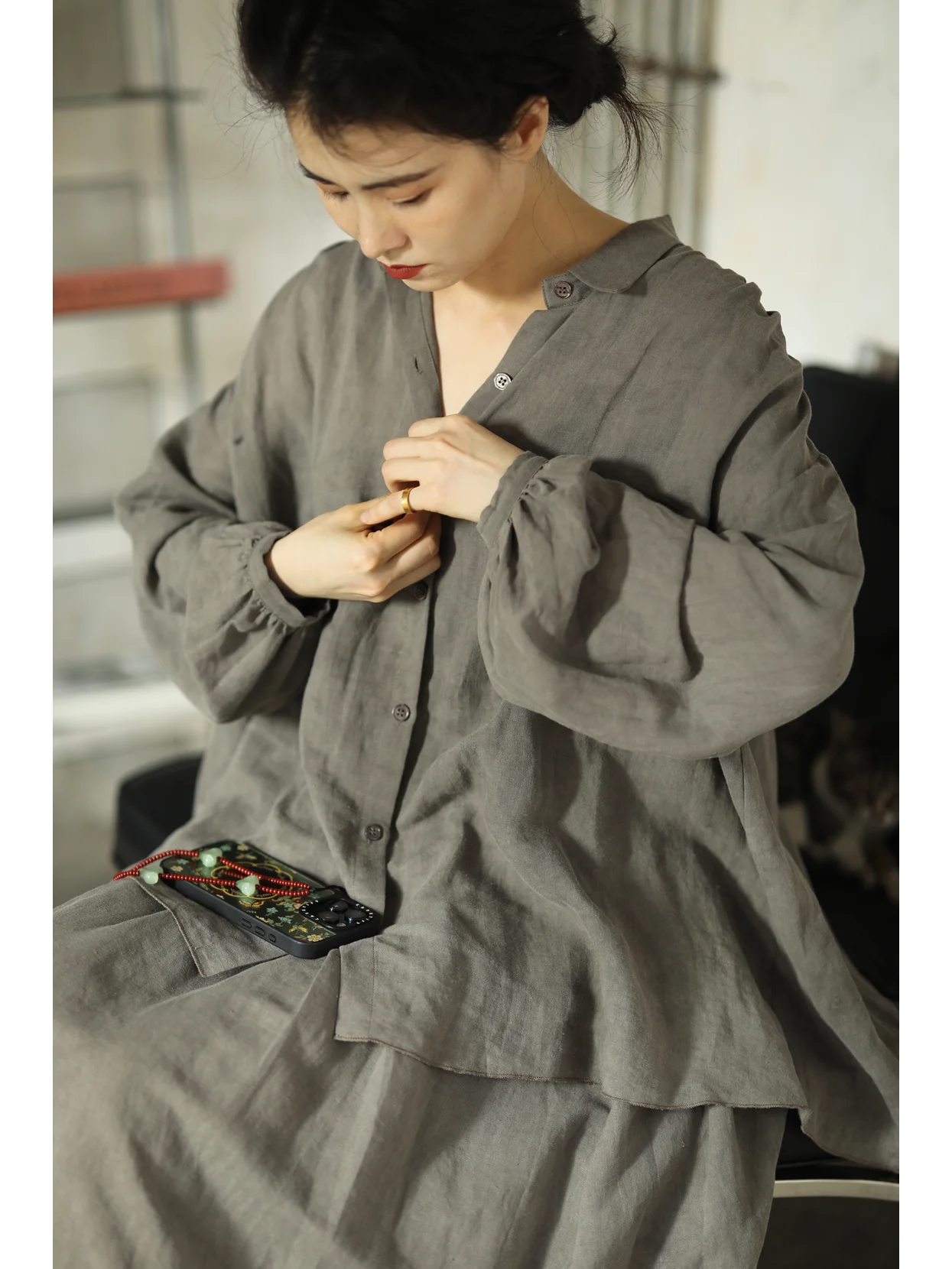 

Льняная рубашка с эффектом дай-дай, повседневная, свободного кроя, с воротником, длинным рукавом, женская, для работы, тонкая, однотонная