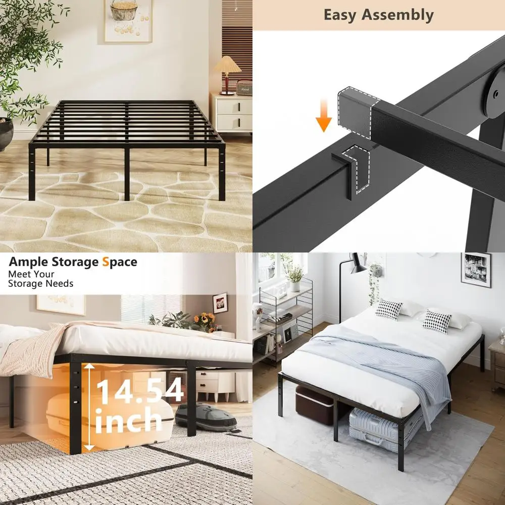 

16 Inch Metal King Bed Frame - Heavy Duty, No Box Spring, Reinforced Slats, Easy Assembly, Quiet, Storage Space, Black