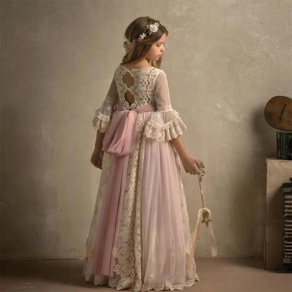 Customized Communion Dresses With Sleeves Kids Lace Tulle Fluffy Floor Length Flower Girl Princess Dresses For Weeding Party