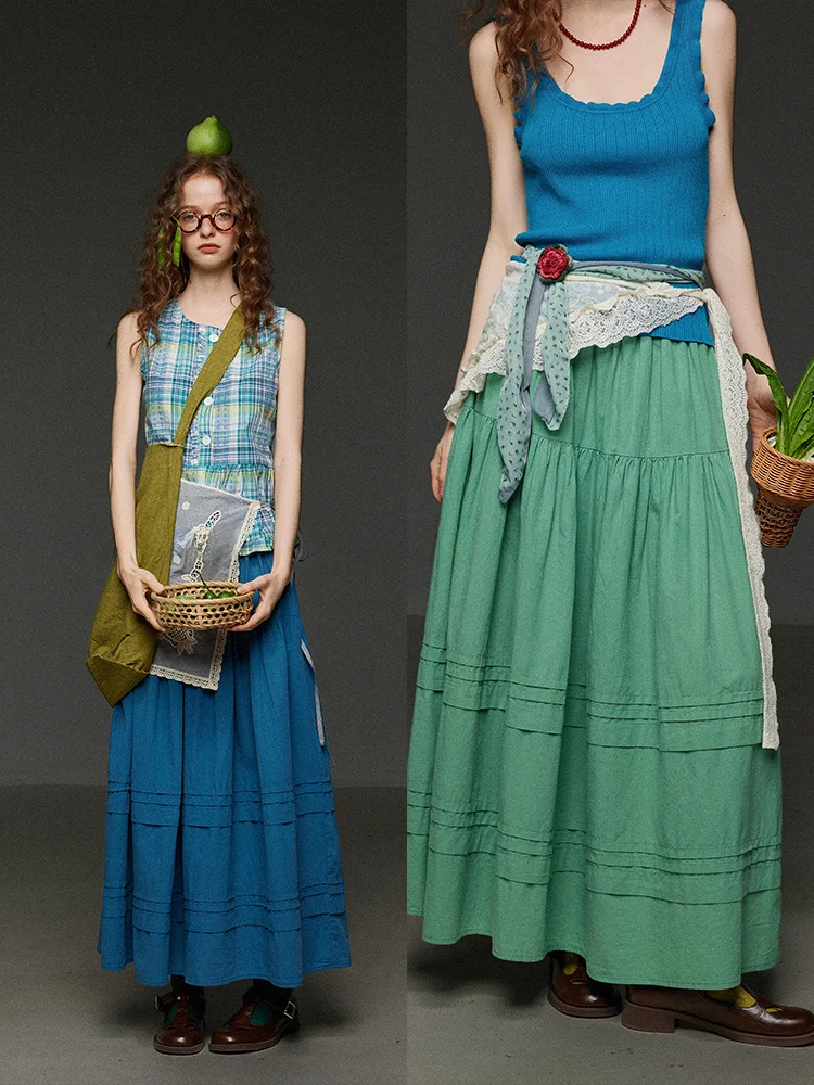 

TNIT Retro Tri-Color Heavy Embellished A-Line Skirt Women's Summer Elastic High Waist Multi-Layered Slimming Long Skirt