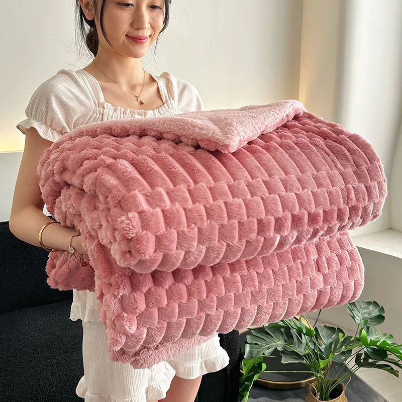 Thick Double-Layer Lamb Plush Solid Blanket Faux Fur Throw Quilted Shawl for Winter Air Conditioning Blankets for Home Travel