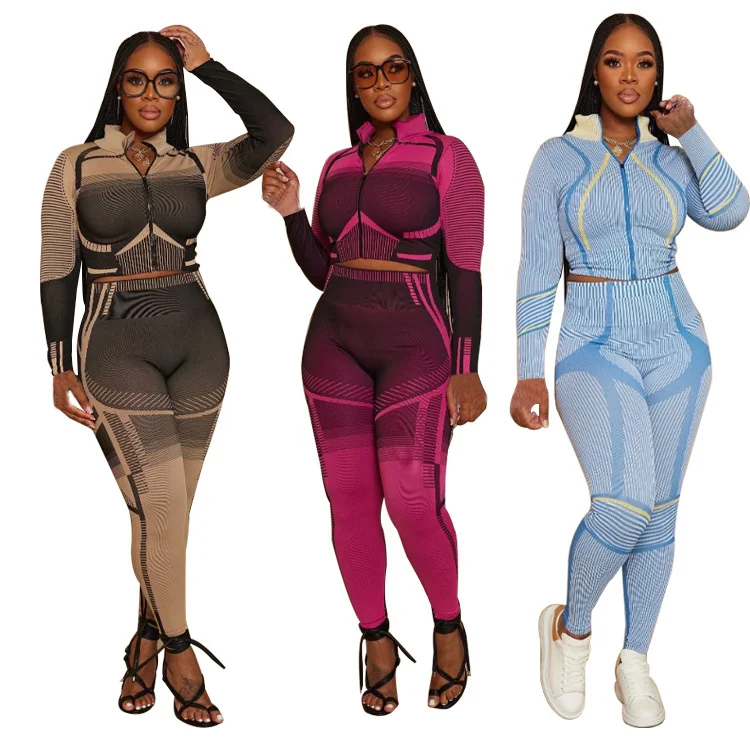 Fashion Printed Women's Set Long Sleeve T-shirt Coat And Legging Pants 2023 Fall Active Yoga Two 2 Piece Sets Outfits Tracksuit