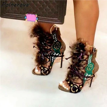 2025款毛絨涼鞋,刺繡金屬環鉚釘,圓頭細跟,拼接毛絨鞋,夏季復古派對細高跟鞋 8 最佳銷售 毛茸茸的高跟鞋 - №1