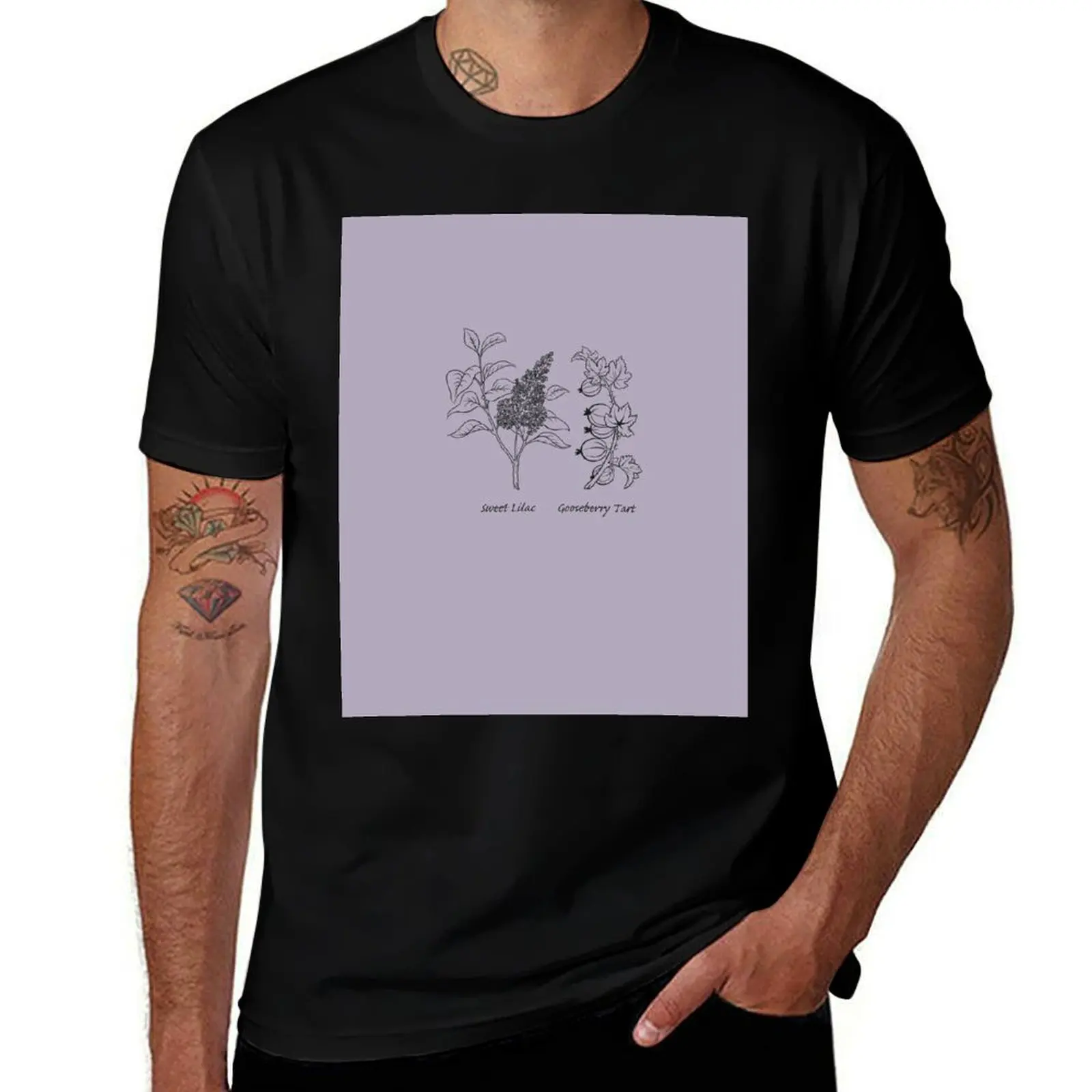 Lilac and Gooseberries Botanical Print with Pentagram Necklace T-Shirt cotton t-shirt plain for man package T-Shirt