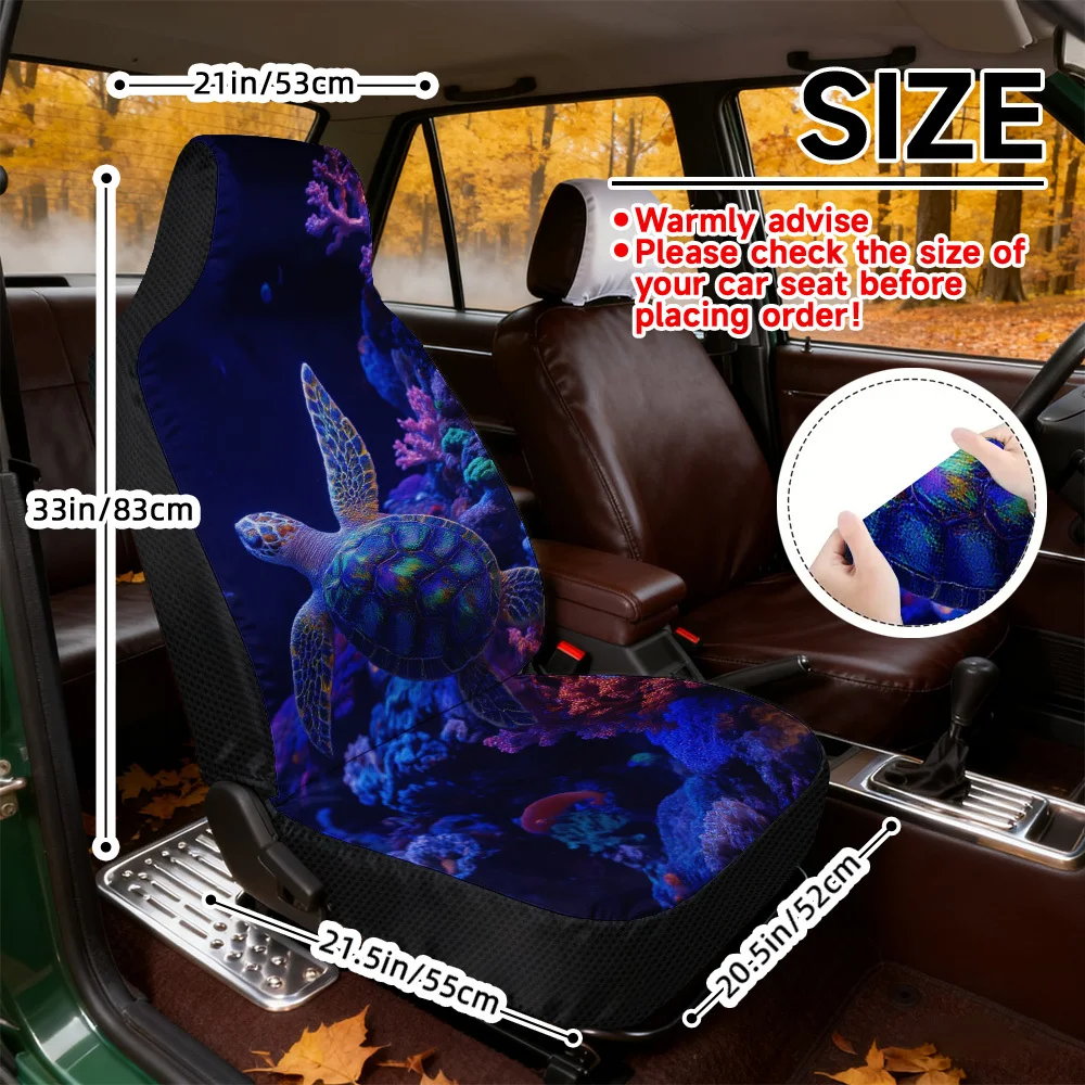 Trendy Front Seat Covers Featuring A Colorful Design Of Sea Turtles Swimming, Made From Soft And Washable Material, Suitable For