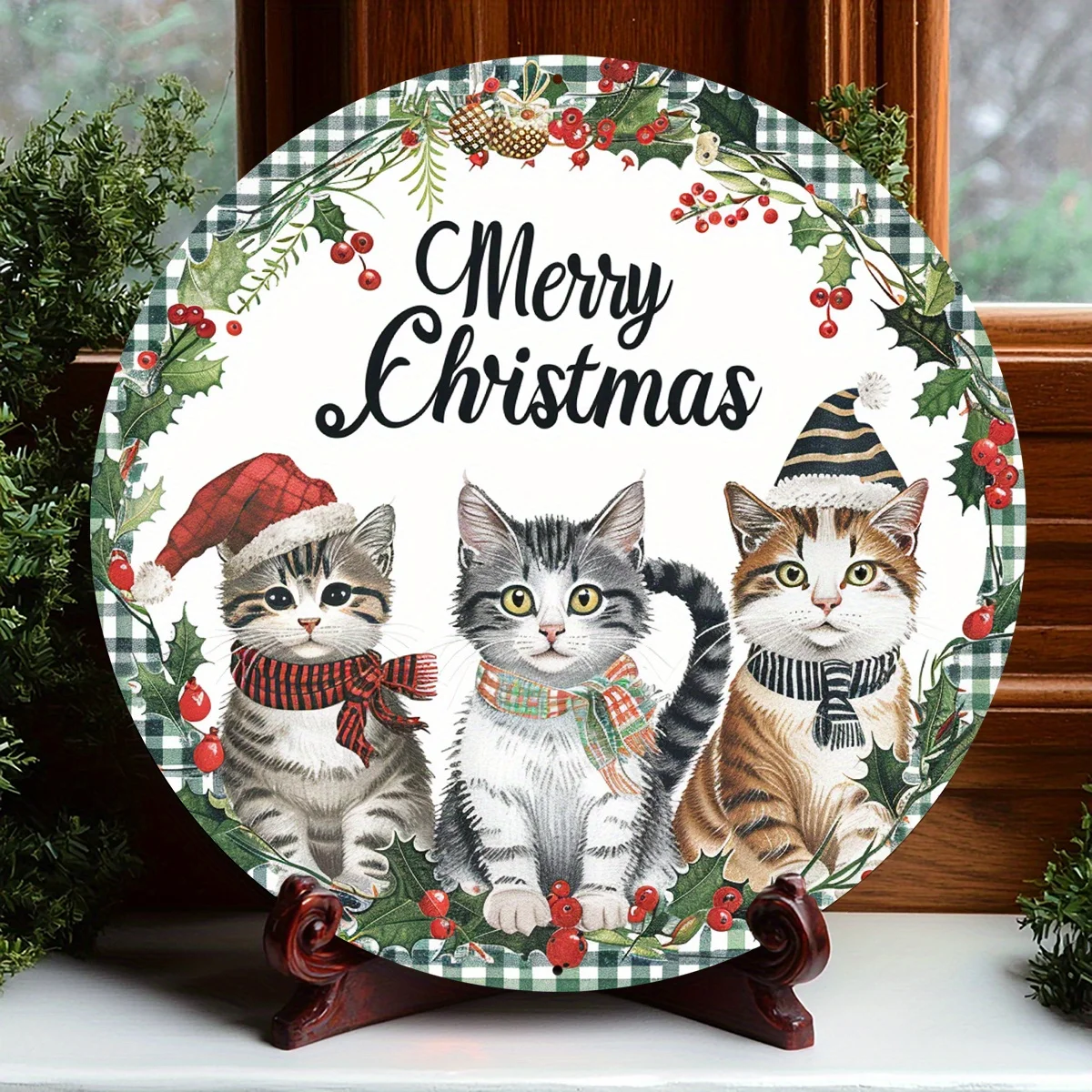 2D Flat, 1pc, 2D Aluminum Circular Metal Sign, Merry Christmas Kitten Theme Decoration, Rustic Home Decor, Weather- Wreath for K