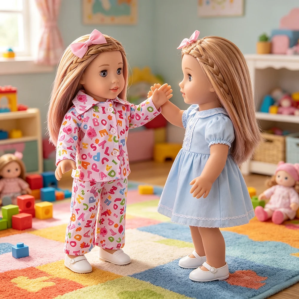 18 Inch Doll Girl Letter Long Pajamas Two-Piece Set for Spring and Autumn Sleepwear Suitable for 18 Inch Dolls, Doll Accessories