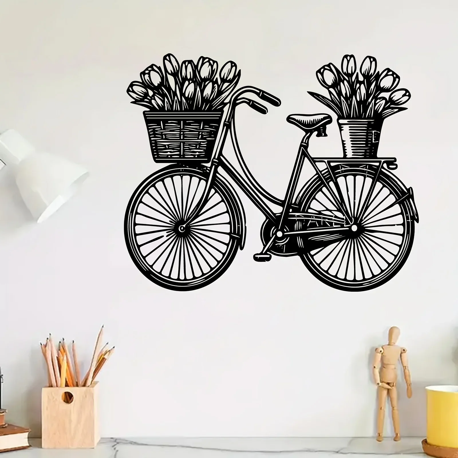 CIFBUY Wrought Iron Tulip Bike Wall Art Decor, Rustic Metal Flower Sculpture for Garden Fence Backyard, Weatherproof Outdoor Han