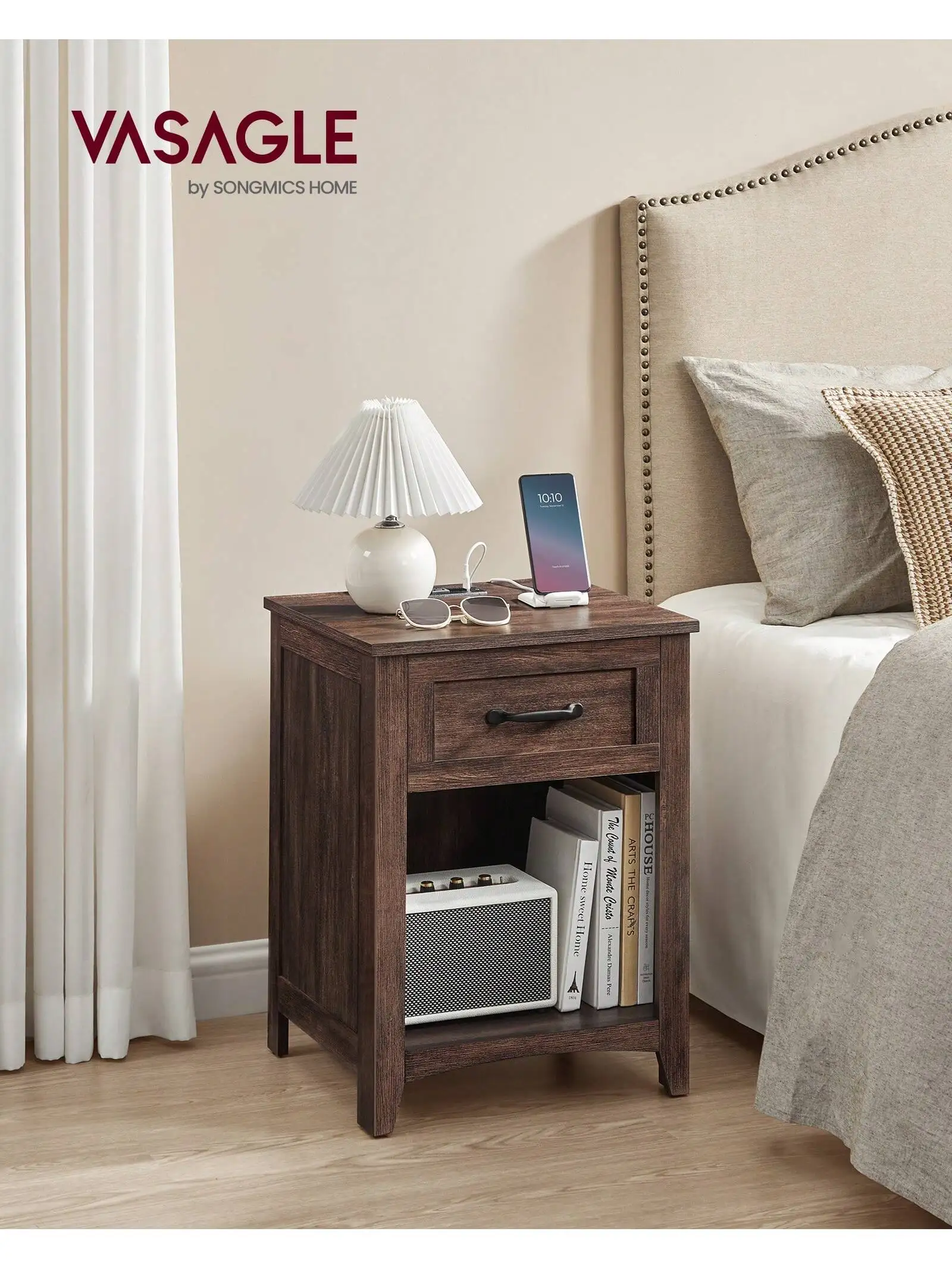 VASAGLE Farmhouse Nightstand with Charging Station, Bedside Table with Drawer, Open Compartment, Side Table with Storage